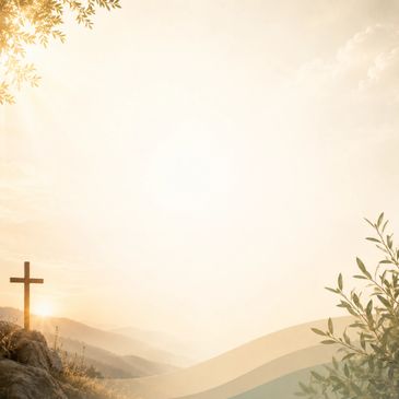 A cross on a hill with a sunrise and plants around.