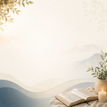 Open book and candle with serene nature background and soft waves.