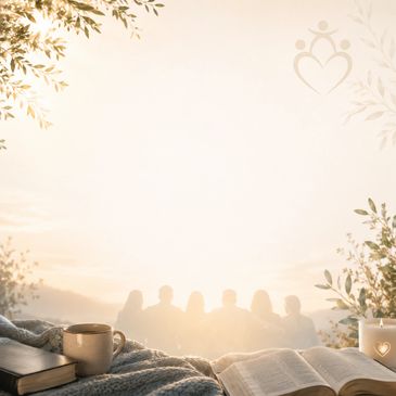 A cozy morning scene with an open book, coffee, and friends silhouetted against the sunrise.