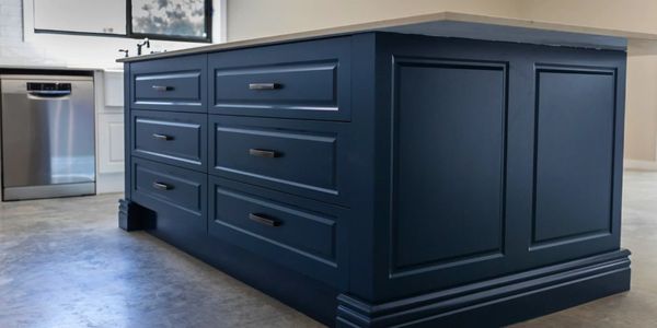 Huge blue kitchen island in a new build in Gilgai, NSW