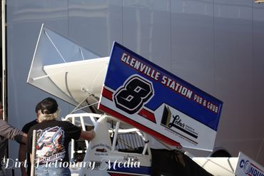A sprint car wing with Glenville Station Pub &amp; Grub branding.