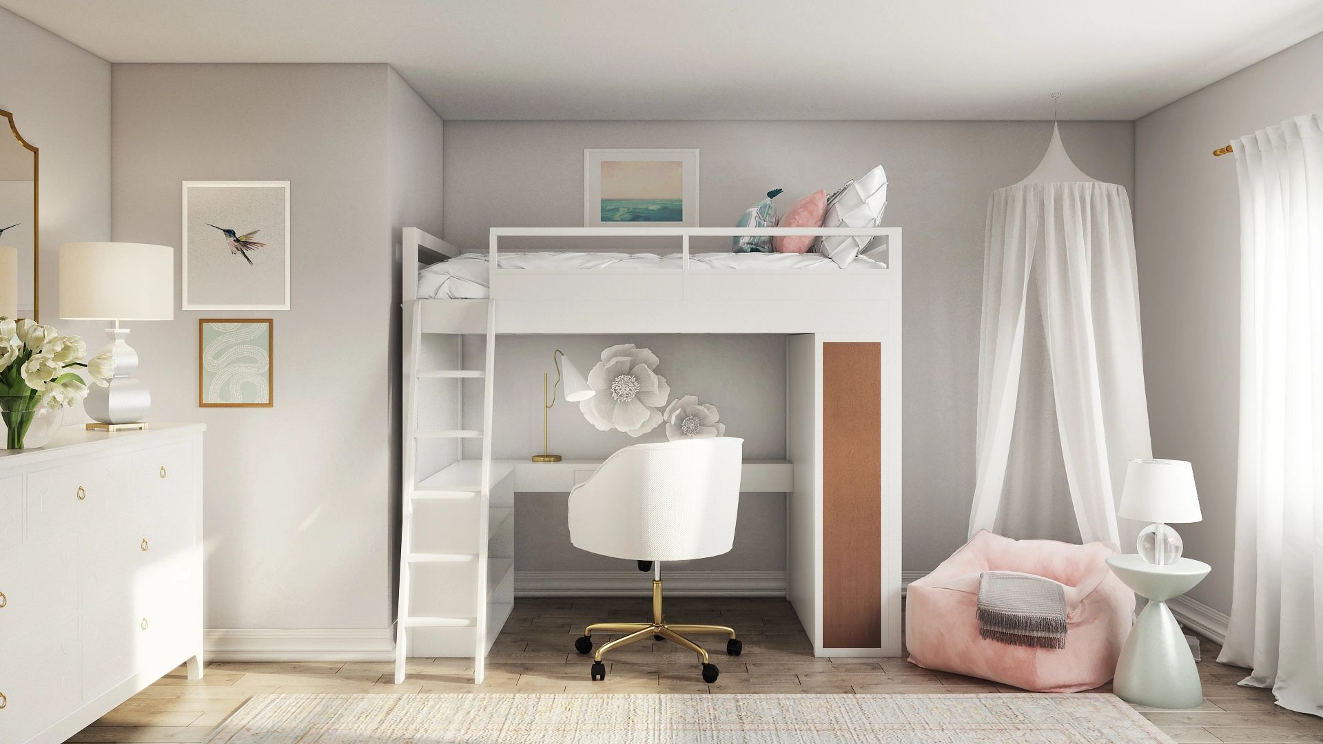 Bright, cozy kids' room with loft bed and study nook.