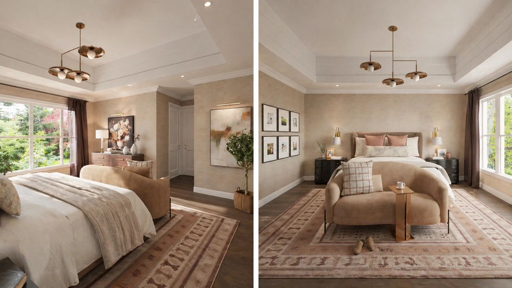 Elegant bedroom with neutral tones, modern lighting, and cozy seating.