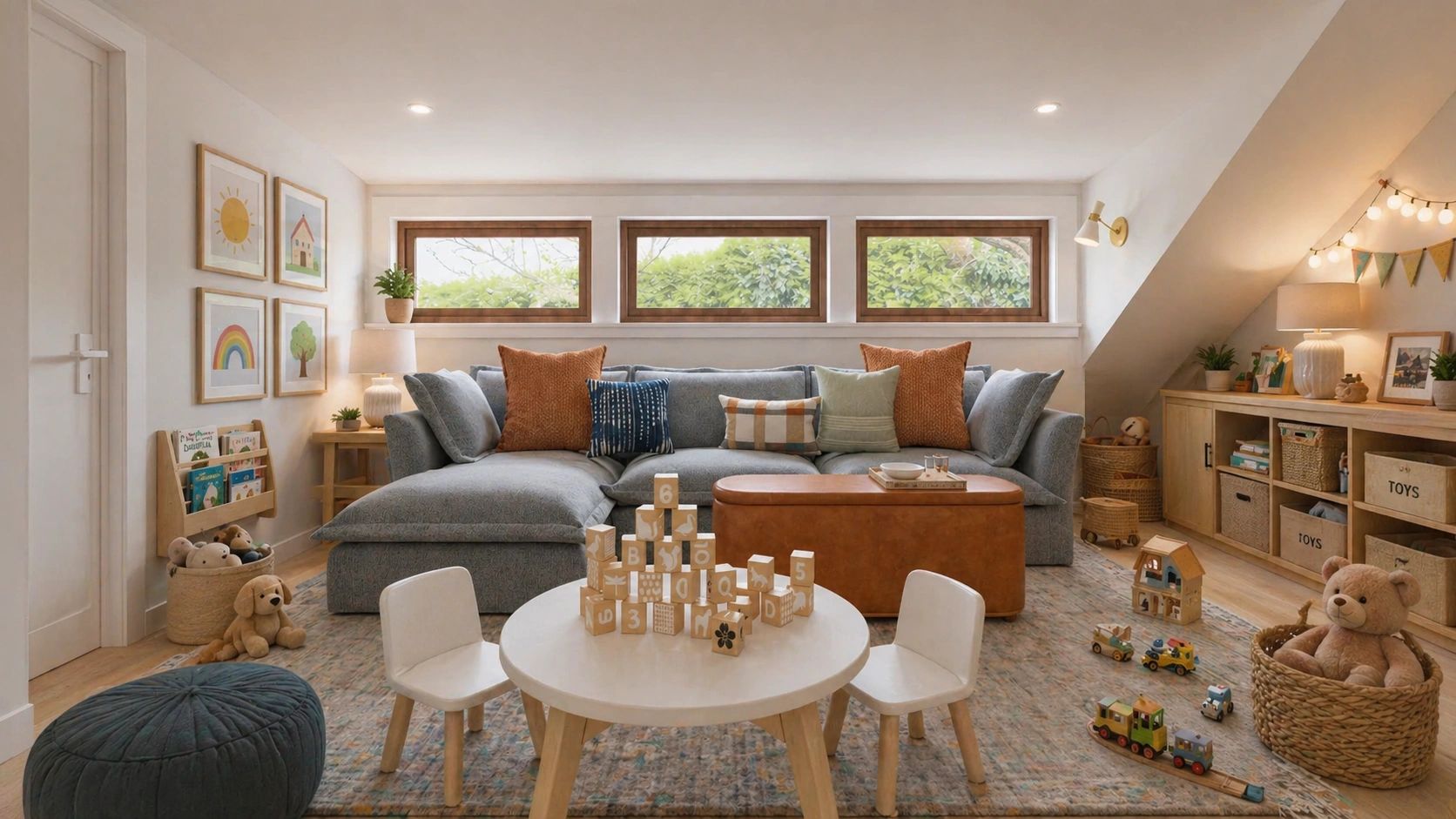 Cozy family room with toys, books, and comfortable seating in warm tones.