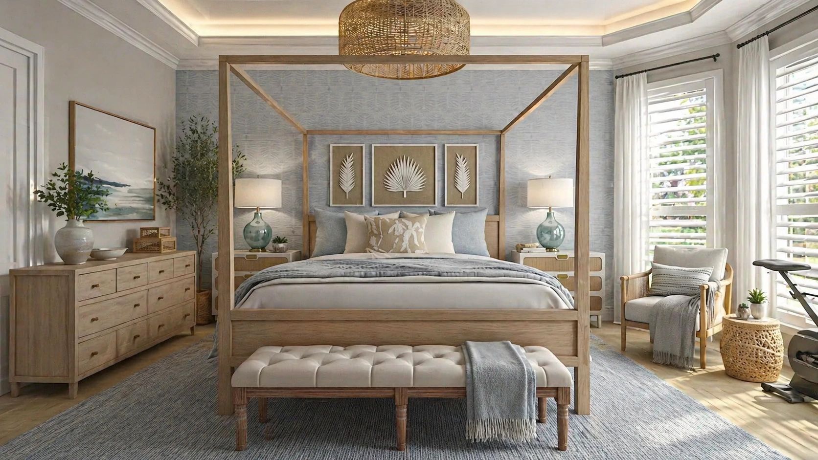 Cozy bedroom with wooden furniture and soft blue accents.