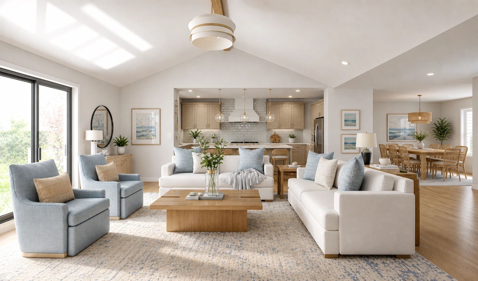 Bright, modern living room with blue and beige accents and an open kitchen and dining area.