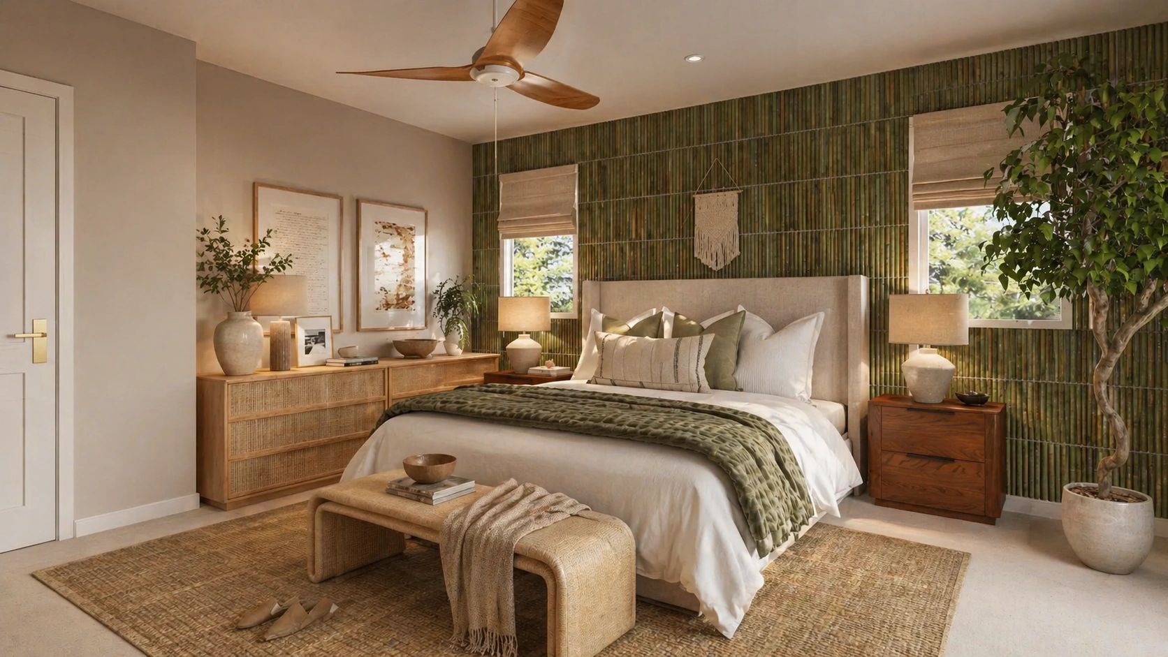 Cozy bedroom with green accents and natural textures.