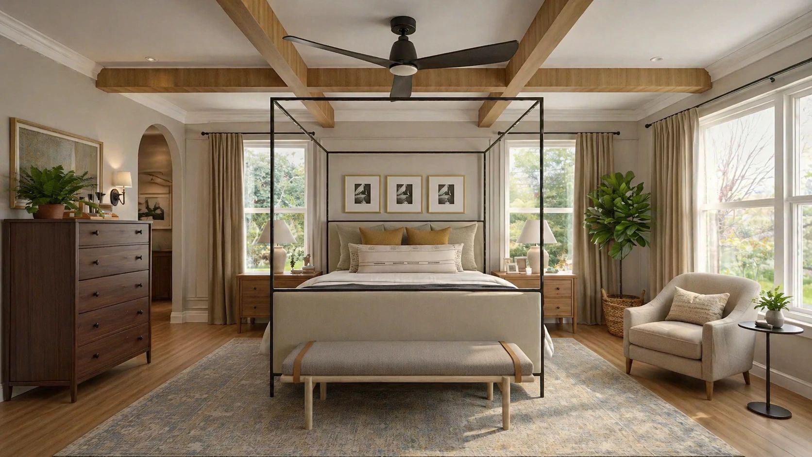 Cozy bedroom with a four-poster bed and ample natural light.
