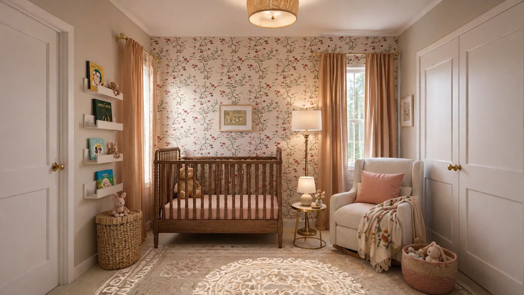 Cozy nursery with floral wallpaper, wooden crib, and soft lighting.