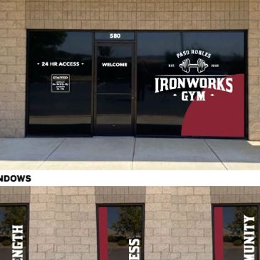 Exterior layout of Ironworks Gym entrance and windows with fitness messaging.