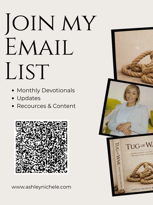 Email list signup for devotionals, updates, and resources with a QR code and website link.