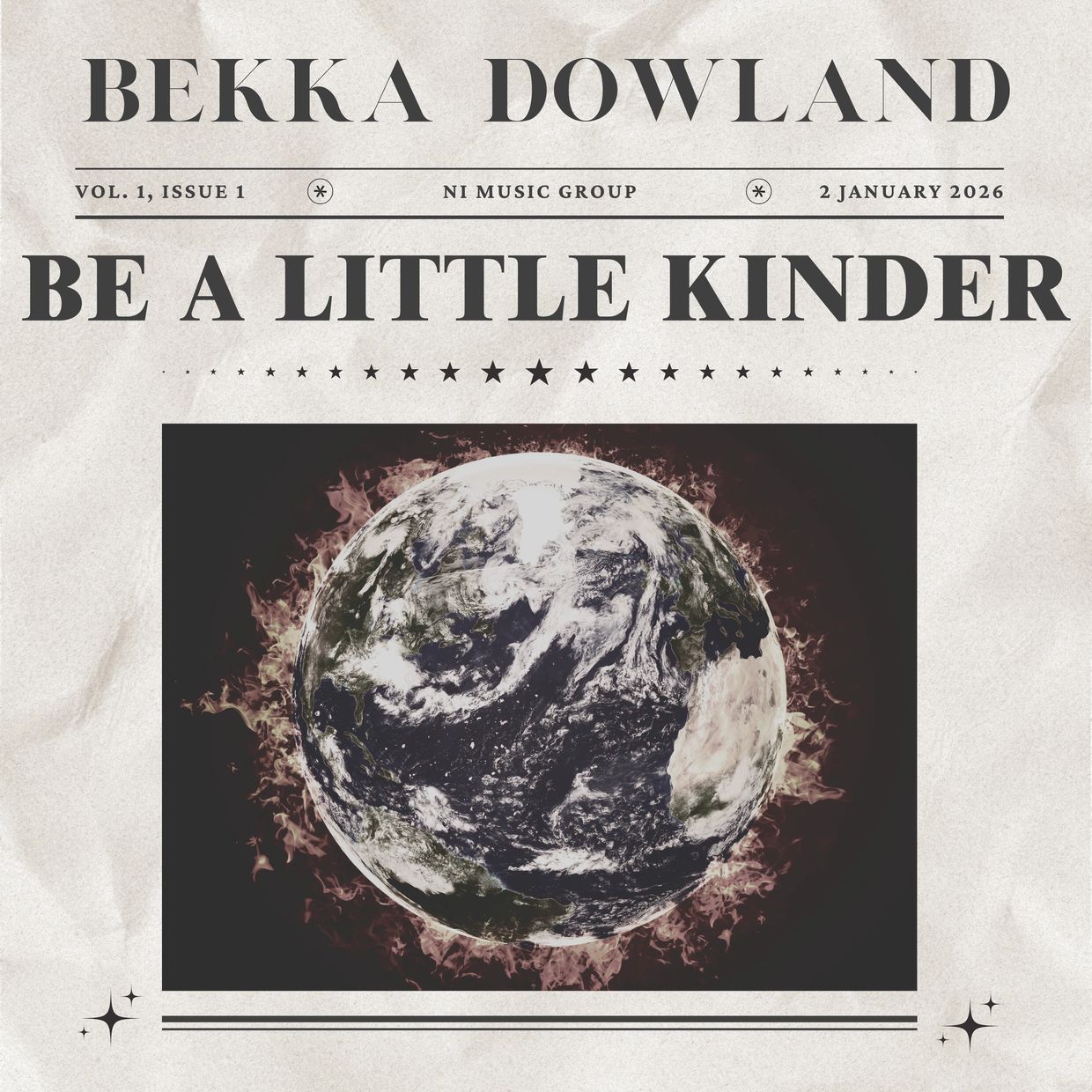 Album cover with Earth on fire and title 'Be a Little Kinder' by Bekka Dowland.
