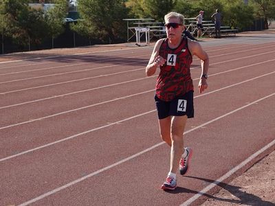 female race walker on track during 2024 Nevada Senior Games race. Photo by Tim Dorman