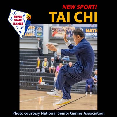 Asian man in mid-jump during tai chi competition at 2025 National Senior Games. Photo courtesy NSGA