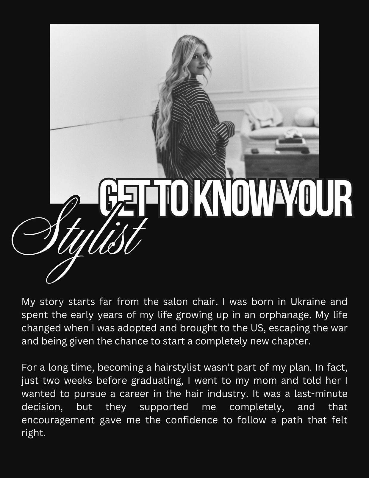 Blonde stylist sharing her heartfelt journey from Ukraine to hairstyling.