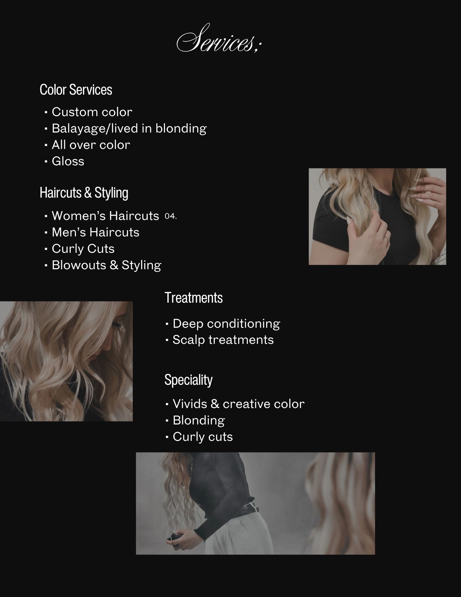 Hair salon services including color, haircuts, treatments, and specialty options.