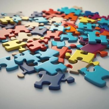 Colorful jigsaw puzzle pieces scattered on a surface.