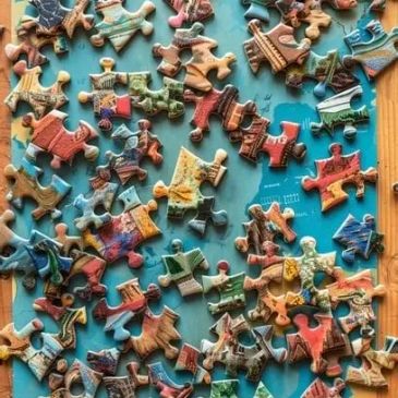 Close-up of colorful scattered puzzle pieces.