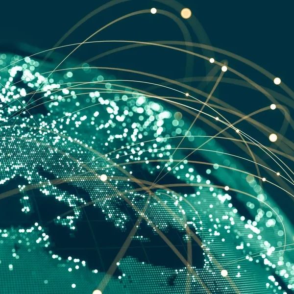Digital map of Europe showing global network connections with glowing points and arcs.