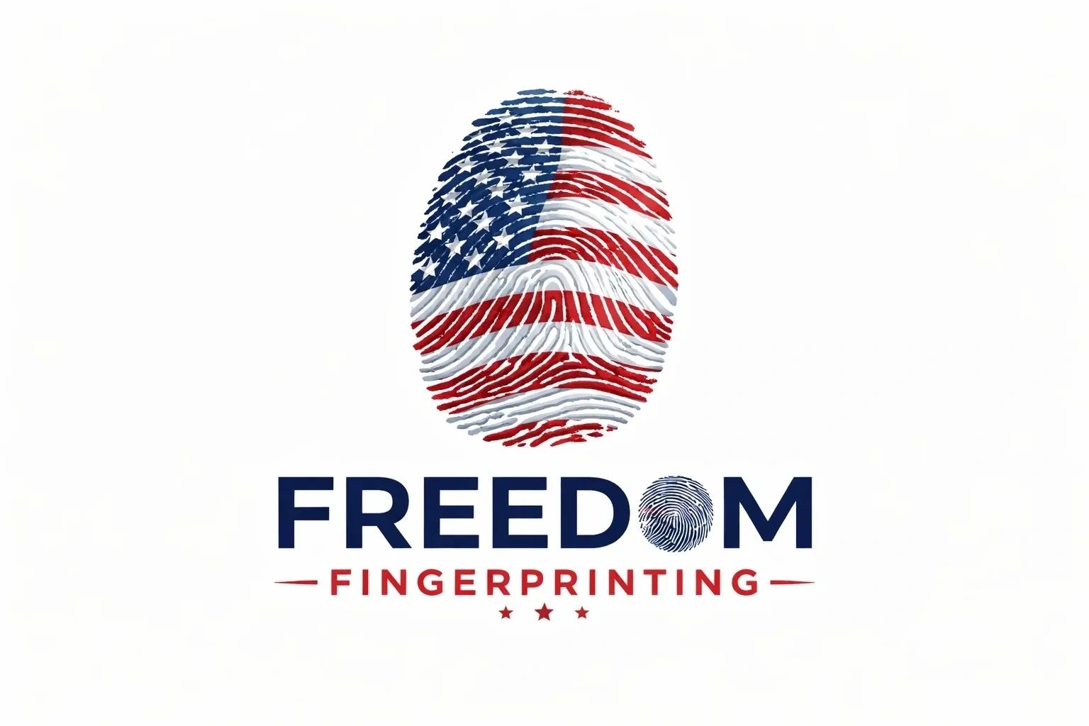 Fingerprint with American flag colors above 'Freedom Fingerprinting' text.