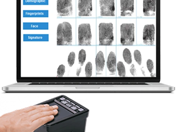 Fingerprint biometrics being scanned and displayed on a laptop screen.