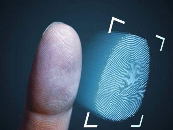 A finger scanning with a digital fingerprint hologram.