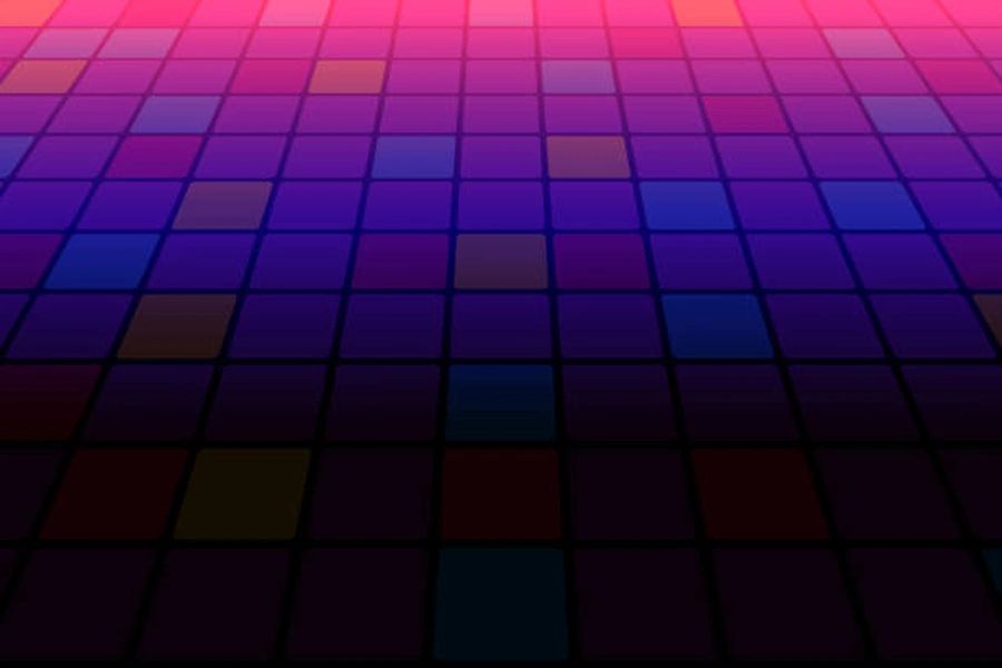 Colorful grid floor with gradient lighting from pink to dark blue.