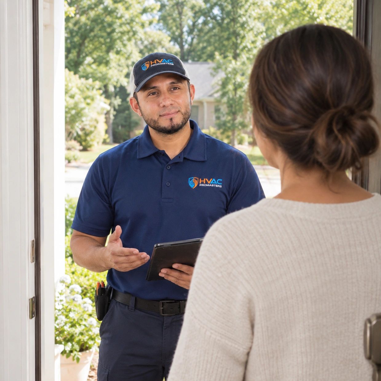 HVAC technician talking to a woman at her door.