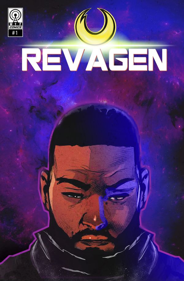 Comic cover of Revagen with a serious man against a cosmic background.