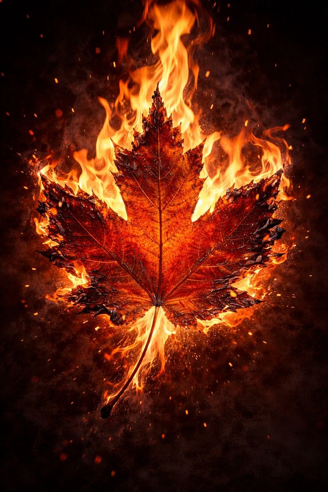 A maple leaf engulfed in bright orange flames against a dark background.