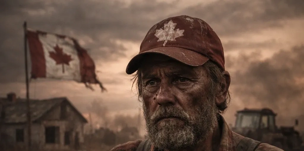 A weathered Canadian farmer stands solemnly with a tattered flag behind him.