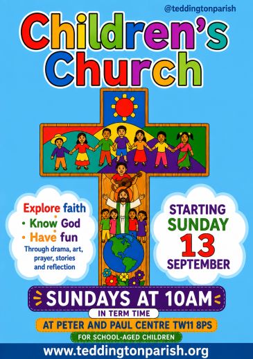 Colorful Children's Church poster with event details.