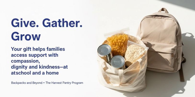 Donation campaign for families with backpacks and pantry items.