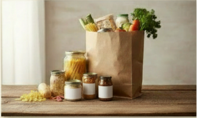 A paper bag filled with groceries and jars on a wooden table.
