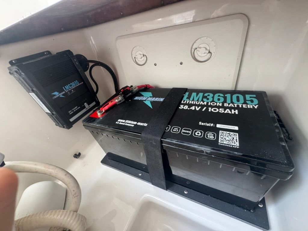 Professionally installed marine lithium battery and charger system in Fort Myers.