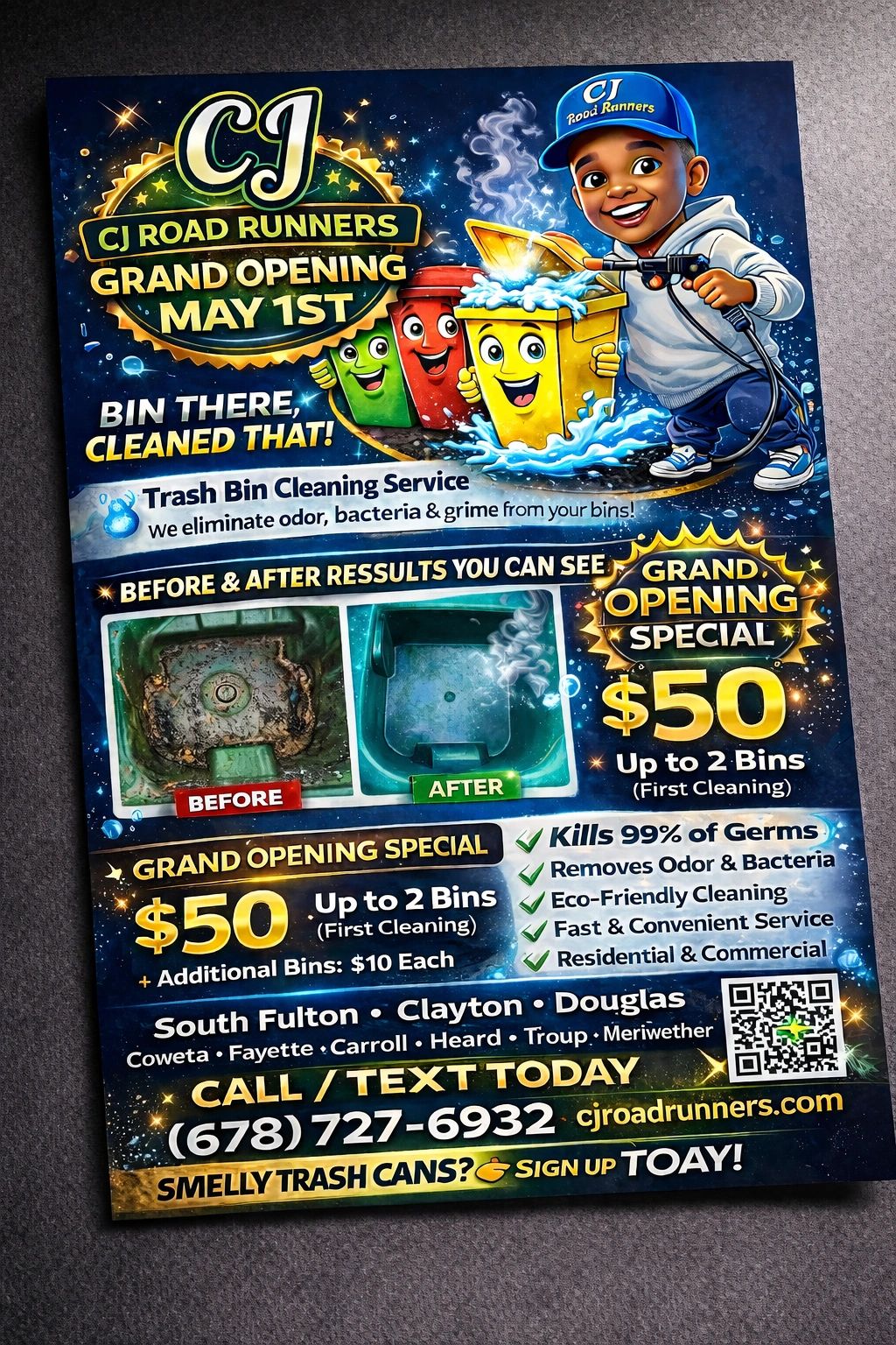 Flyer for CJ Road Runners trash bin cleaning service with grand opening special $50 for up to 2 bins.