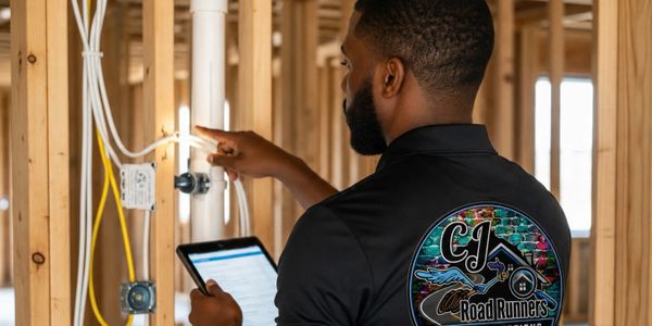 Electrician inspecting wiring in a building under construction.