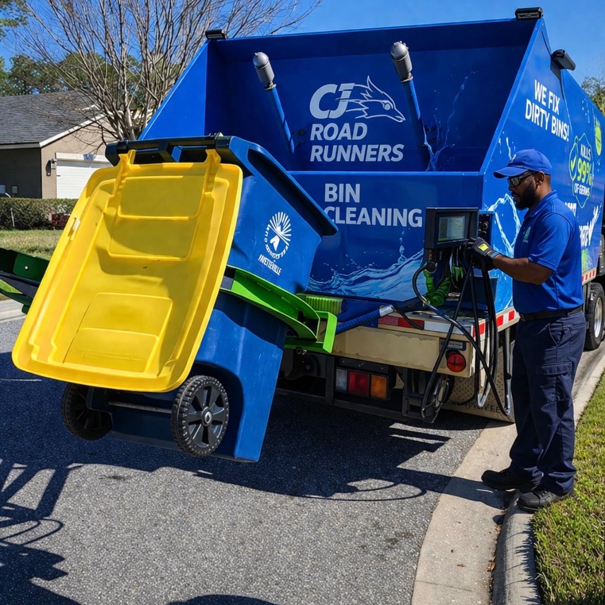 A worker operates a bin cleaning truck lifting a blue bin with a yellow lid.