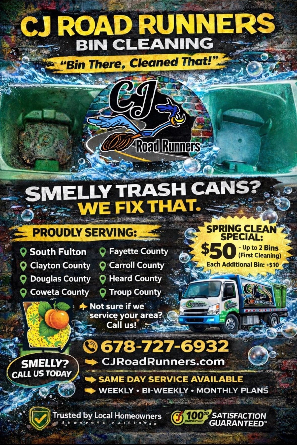 CJ Road Runners offers bin cleaning services with a spring special and same-day service.