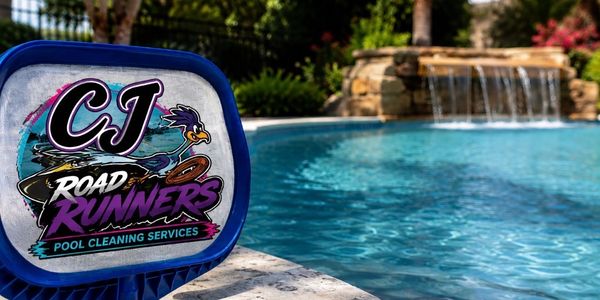 Logo of CJ Road Runners pool cleaning by a sparkling swimming pool.