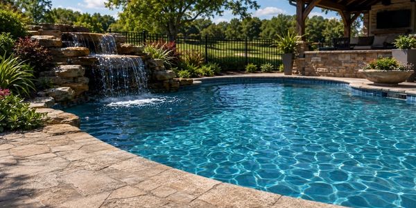 A serene backyard pool with a waterfall and stone patio under a sunny sky.