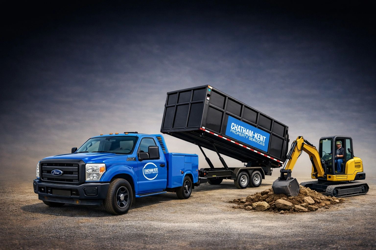 Chatham-Kent Property Services dumpster rental truck and mini excavator on site in Chatham-Kent