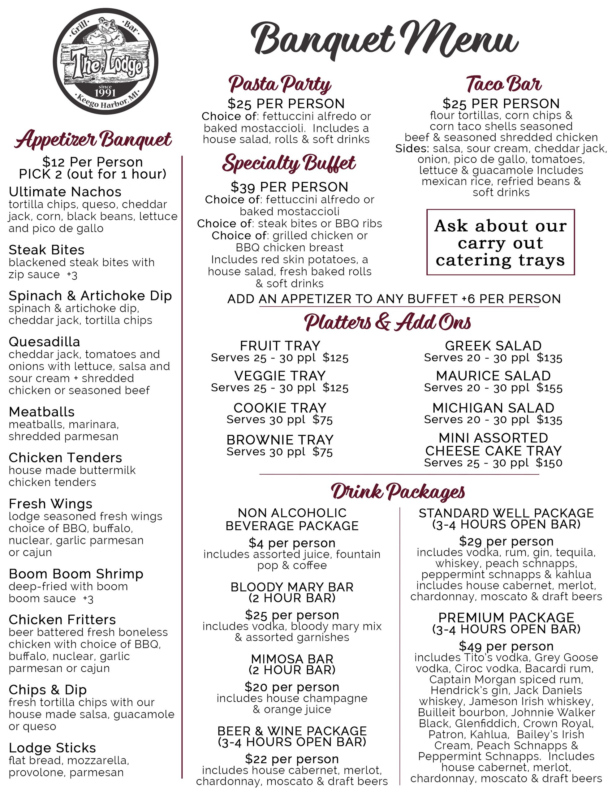 Banquet menu with appetizers, pasta, taco bar, platters, and drink packages.