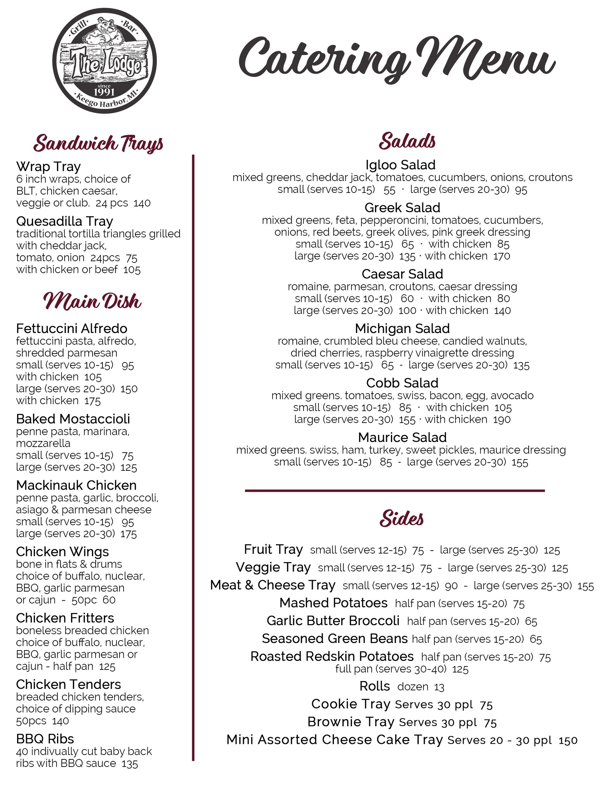 Catering menu from The Lodge featuring sandwich trays, main dishes, salads, and sides.