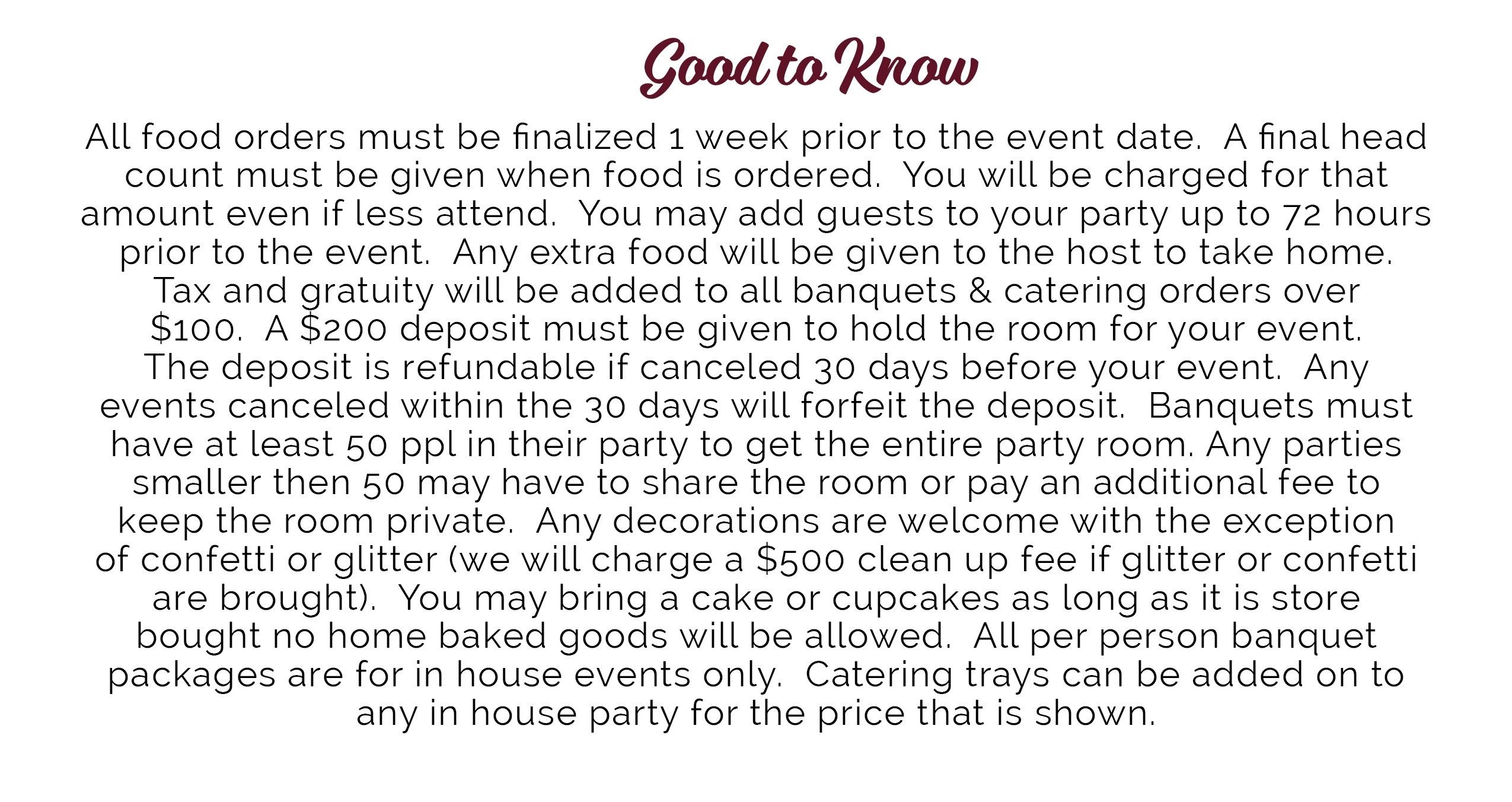 Event food and banquet policies including deposits and guest counts.