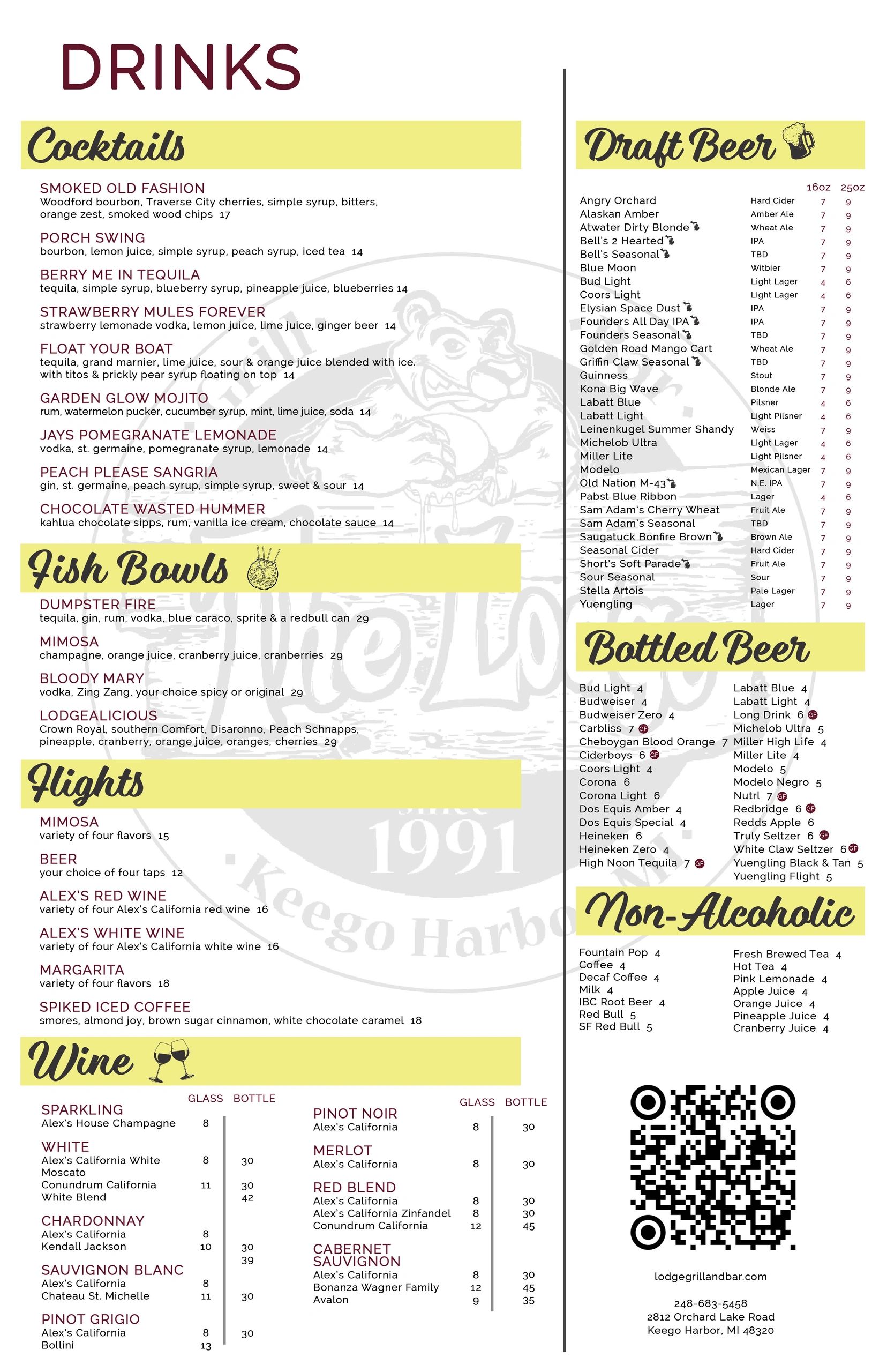 Menu listing cocktails, fish bowls, flights, wine, draft beer, bottled beer, and non-alcoholic drinks.