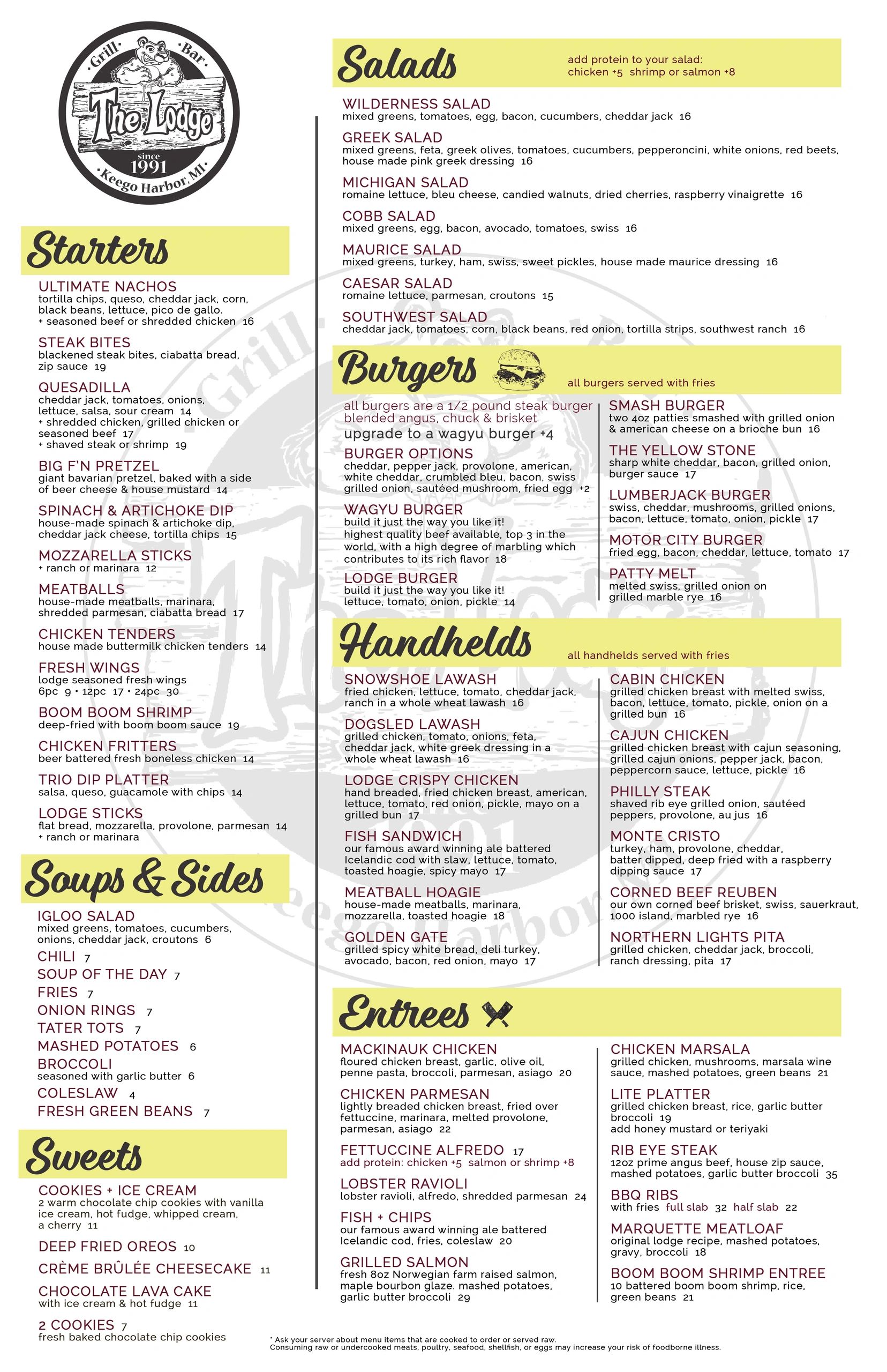 Menu featuring starters, salads, burgers, handhelds, soups, sides, sweets, and entrees.