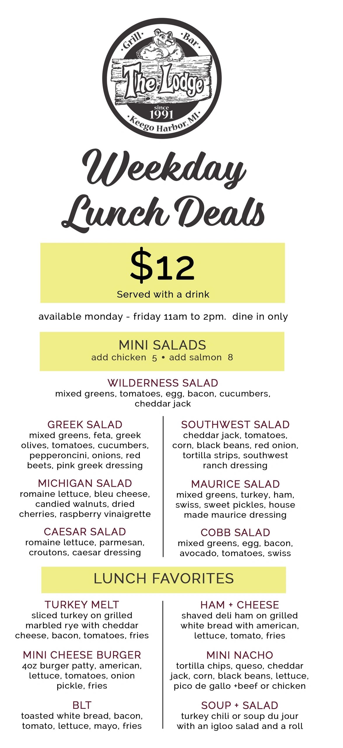 Weekday lunch deals for $12 at The Lodge, Keego Harbor, MI.