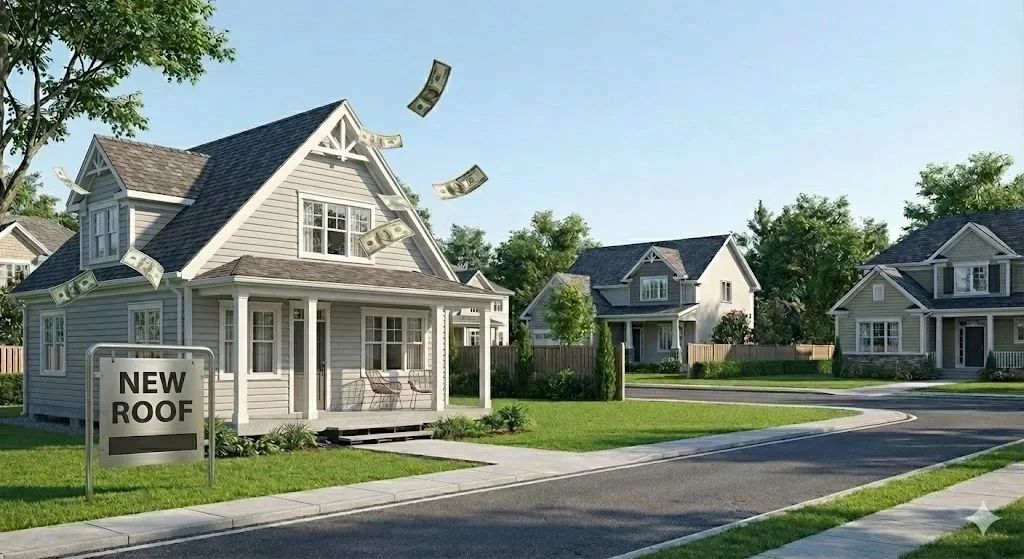 New roof installation boosts home value, symbolized by flying money.