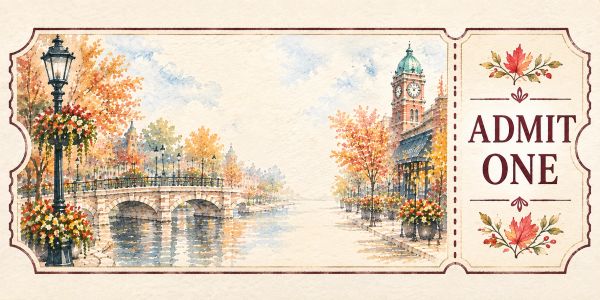 Vintage admit one ticket with autumn river scene.